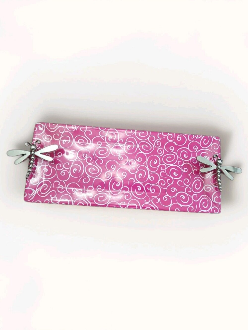 Decorative Pink & White Long Melamine Serving Platter W/Silver Dragonfly Handles